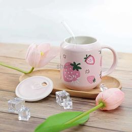 Mugs 1pc 400ml Cute Fruits Mugs Creative Can Cartoon Ceramic Mug With Straw Lid Milk Tea Mug Office Home Travel Coffee Water Cup 240417