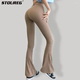 Active Pants STOUREG Back Hollow Out Flare Leggings Women High Waist Yoga Gym Workout Fitness Sports Flared Pant Latin Dance Trousers