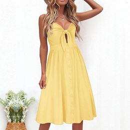 Casual Dresses Summer Beach 2024 Women's Solid Colour Sleeveless Halter Dress Sexy V Neck Bow Tie High Waist A Line Long