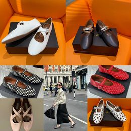 2024 With Box Designer Sandal ballet slipper slider flat dressing shoes dancing Women round toe Rhinestone shoes Luxury leather riveted buckle shoes size 35-40