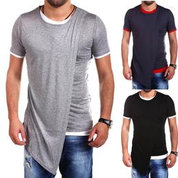 Men's T Shirts Patchwork Irregular Hem T-shirts Short Sleeves Hip Hop Hipster Longline Tshirt Male Tee Streetwear Tops