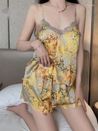 Work Dresses Sexy Deep V Lace Chest Cushion Yellow War Robe Satin Suspender Casual Shorts Set Women Two Pieces Of Hipster Comfortable 45SC