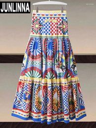 Skirts JUNLINNA High Quality Women Sicilian Skirt Poplin Retro Printing Plaid Long Elegant Party Holiday Half Dress