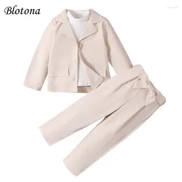 Clothing Sets Blotona Kids Girls Formal 3Pcs Outfit Solid Colour Long Sleeve Ribbed Pullover Tops Button Coat Casual Belted Pants 4-7Years