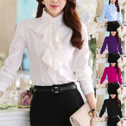 Women's Blouses White Ruffled Stand Collar Long Sleeve Shirt Office OL Work Ladies Fashion Slim Commuter Blouse Top L-5XL