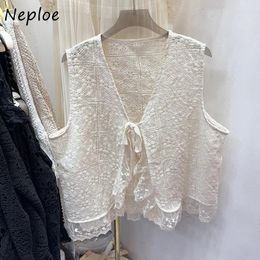 Women's Blouses Neploe 2024 Summer V-neck Lace Up Vintage Fashion Mesh Shirts Wowmen Y2k Sleeveless Loose Blusas Mujer