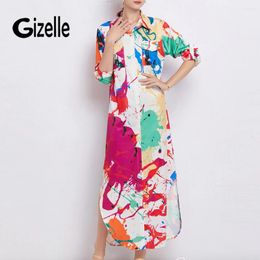 Casual Dresses Gizelle Spring Autumn Women POLO Collar Shirt Dress Fashion Graffiti Coloured TPersonalized Trendy Girl Long Mujer