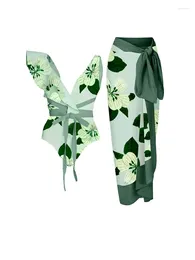 Women's Swimwear Vintage Green Print Bikini Sets Swimsuit & Skirt Women Sexy Asymmetrical One Piece Holiday 2024 Beach Bathing Suits