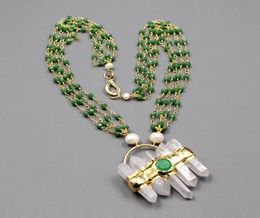 GuaiGuai Jewellery 4 Strands White Pearl Green Crystal Chain Bezel Set Chain Statement Clear Quartz Jades Pendant Necklace4090219