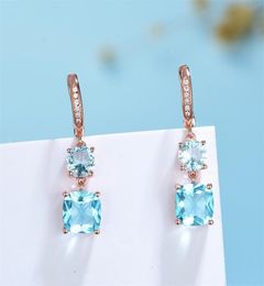 Kuololit 585 Rose Gold Hoop Earrings for Women Solid 925 Sterling Silver Blue Aquamarine Gemstone Luxury Jewerly Engagement 2201084078643