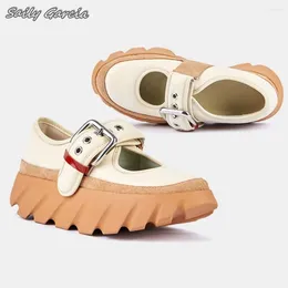 Casual Shoes Mary Jane Mixed Color Mid Heel Vulcanized Pumps 2024 All-Match Buckle Strap Shallow Round Toe Thick-Sole