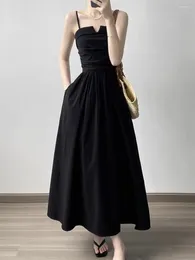 Casual Dresses Black Halter Dress Women Summer Korean Slim Sleeveless A Line Long With Pockets 2 Colours