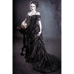 Evening Black Vintage Victorian Bustle Dresses Gothic Special Ocn Wear Court Train Off Shoulder Corset Classic Prom Party Gowns Custom Made