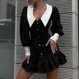 Casual Dresses Fashion Solid Colour Wrap Hip Skirt Elegant Vintage Short 2024 Spring Autumn Women Block Flip Neck Dress