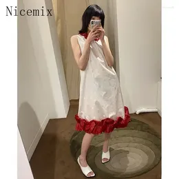 Casual Dresses Simple Fashion Polka Dot Patchwork Red Ear Edge Sleeveless White Dress For Women Summer Versatile Commuting Mid Length