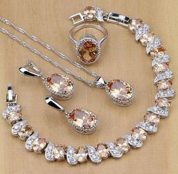 925 Sterling Silver Bridal Jewellery Champagne Zircon Jewellery Sets For Women Earrings Pendant Necklace Rings Bracelet T1907052324161