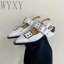 Sandals Summer Pointed Toe Flat Woman Fashion Casual Flats Concise Buckle Strap Genuine Leather Party Dress Women Shoes 2024