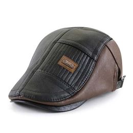 EMYN Berets PU Leather Beret Hat Men Autumn Winter Faux Leather Duckbill Newsboy Cap Herringbone Middle-aged Mens Flat Peaked Cap For Dad d240418