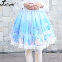 Skirts Sweet Whale Printed Short Skirt Mori Girl A Line Elastic Waist Skater W. Mesh Overlay