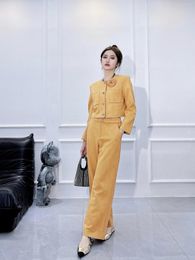 Women's Two Piece Pants Pant Sets Women Spring Suede O-neck Floral Appliques Button Short Coat And Straight Vintage Office Lady Clothing