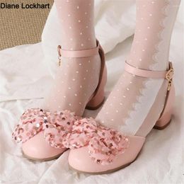 Dress Shoes 2024 Spring Women High Heels Mary Jane Pumps Party Wedding White Pink Beige String Bow Princess Cosplay Summer Lolita