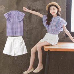 Clothing Sets 2024 Summer Children Girl 2PCS Clothes Set Junior Plaid Flounce Sleeve Shirt Tops White Shorts From 4-12 Years Old