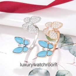 High End designer rings for vancleff New Butterfly Turquoise Blue Double Butterfly Series V Gold Full Diamond Versatile Simple and Advanced Female Original 1:1 logo