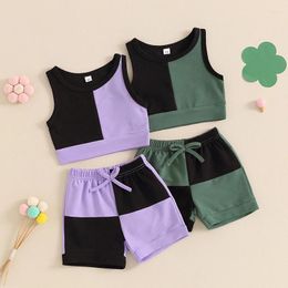 Clothing Sets 1-5Y Summer Children Kids Girls Sportwear Sleeveless Patchwork Tanks Tops Elastic Waist Shorts Casual Tracksuits