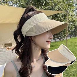 Visors RICYGVM Women Summer Sun Hat Wide Brim Empty Top Ponytail Cap Outdoor Beach UV Protection Sunscreen Visors Girl Cool Straw Hats Y240417