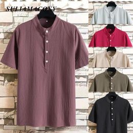 Men's Casual Shirts Solid Color Stand Collar Half Front Short Sleeve