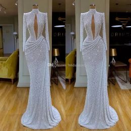 Sparkly Sequins Long Sleeves Evening Dresses High Neck Mermaid Floor Length Custom Made Plunging V Plus Size Prom Party Gown vestidos Formal Occasion Wear