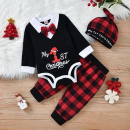 Clothing Sets Baywell Baby Boys Gentleman Bow Romper Plaid Pants Hat Toddler Clothes Set Christmas Infant Streetwear Outfit 0-18 Months