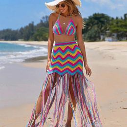 Work Dresses Sexy Colour Wave Striped Print Crochet 2 Pieces Set Women Lace-up Bra Top And Tassel Long Skirt Beach Wear Club Vacation