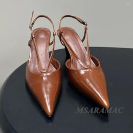 Sandals Summer Brown Leather Pointed Toe Buckle Ankle Strap Tapered Heel Slingbacks High Dress Shoes