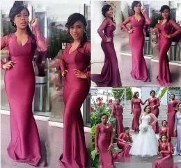 2024 Cheap Fuchsia Bridesmaid Dresses Long Sleeves V Neck Lace Silk Satin Mermaid Sweep Train Maid of Honour Gown Plus Size Custom Made