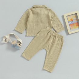 Clothing Sets Kids Boys Fall Outfits Solid Colour Turn-Down Collar Long Sleeve Tops And Elastic Waist Pants 2Pcs Clothes Set