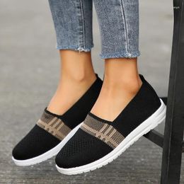 Dress Shoes Mix Color Striped Knitted Flats Women Breathable Mesh Soft Sole 2024 Spring Non-Slip Casual Walking 43