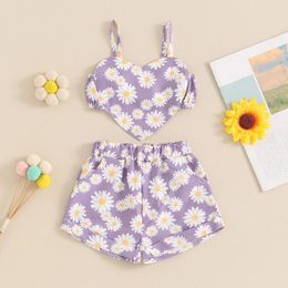 Clothing Sets Fashion Summer Children Girls Clothes Floral Print Kids Shorts Outfits Sleeveless Daisy Heart Cami Tops Suits