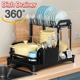 2 Tier Dish Drying Rack with Drip Tray Kitchen Sink Organiser 360-Degree Retractable Drain Chopstick Holder Cutting Board Holder 240417