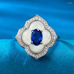 Cluster Rings S925 Silver White Fritillaria Inlaid With Royal Blue 4 6mm Fashion Exquisite Antique Style Elegant And Small