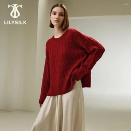 Women's Sweaters LILYSILK Merino Wool Sweater 2024 Winter Side Slit Crewneck Dropped Shoulder Cable Knitted Holiday Clothing