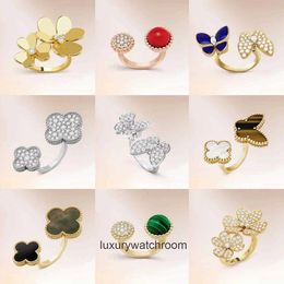 High End jewelry rings for vancleff womens Precision Four Leaf Grass Size Fritillaria Double Flower Open Ring Lucky Grass Grade Simple Fashion Elegance Female 1to1