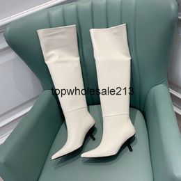 The Row Quality Top-quality Boots Simple Fashion Top Sheepskin Pointed Toes Stiletto High Heel Knee Boots Knight Fashion Luxury Designer Booties 7cm White Black