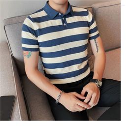 Men's Polos Fashion Colour Matching Striped Short Sleeve Knitted Lapel Polo Shirt High Quality Slim Fit Casual For Men Size M-4XL