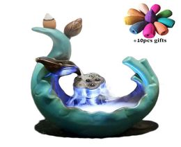 Ceramic Antique LED Lotus Backflow Incense Burner Smoke Waterfall Censer Incense Holder Home Office Decor 10pcs Cones3385272