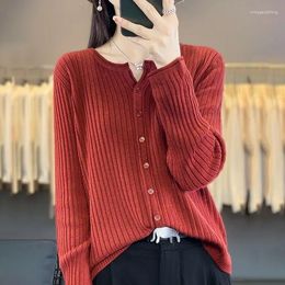 Women's Knits Women Merino Wool Knitted Cardigan 2024 Spring Autumn Long Sleeve O-neck Lady Coat