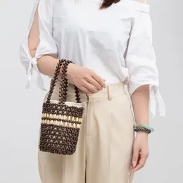 Totes Ins Minimalist Leisure Vacation Summer Ladies Handbag Vintage Wooden Bead Bag Versatile Commuting Bucket Hand Woven Women's Bags