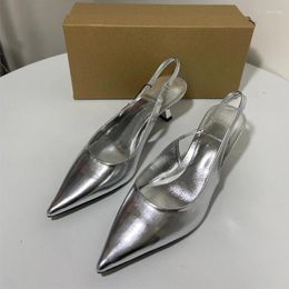 Dress Shoes Summer Pointy Silver Stiletto Heels Women Back Bare Metal Fashion Sandals