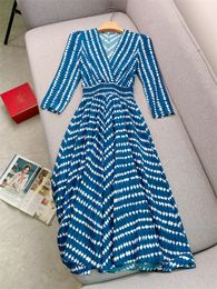 Spring Summer Blue Polka Dot Print Panelled Cotton Dress 4/5Long Sleeve V-Neck Midi Casual Dresses W4A16B137