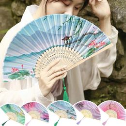 Decorative Figurines Vintage Bamboo Folding Hand Fan Imitation Silk Floral Print Chinese Style Handheld For Women Girls Dance Party Wedding